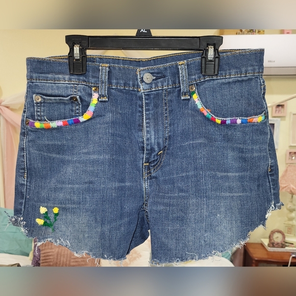 Levi's Pants - Womens Levis Cutt Off Shorts w/ DIY Rainbow Trim & Embroidery 30" Waist